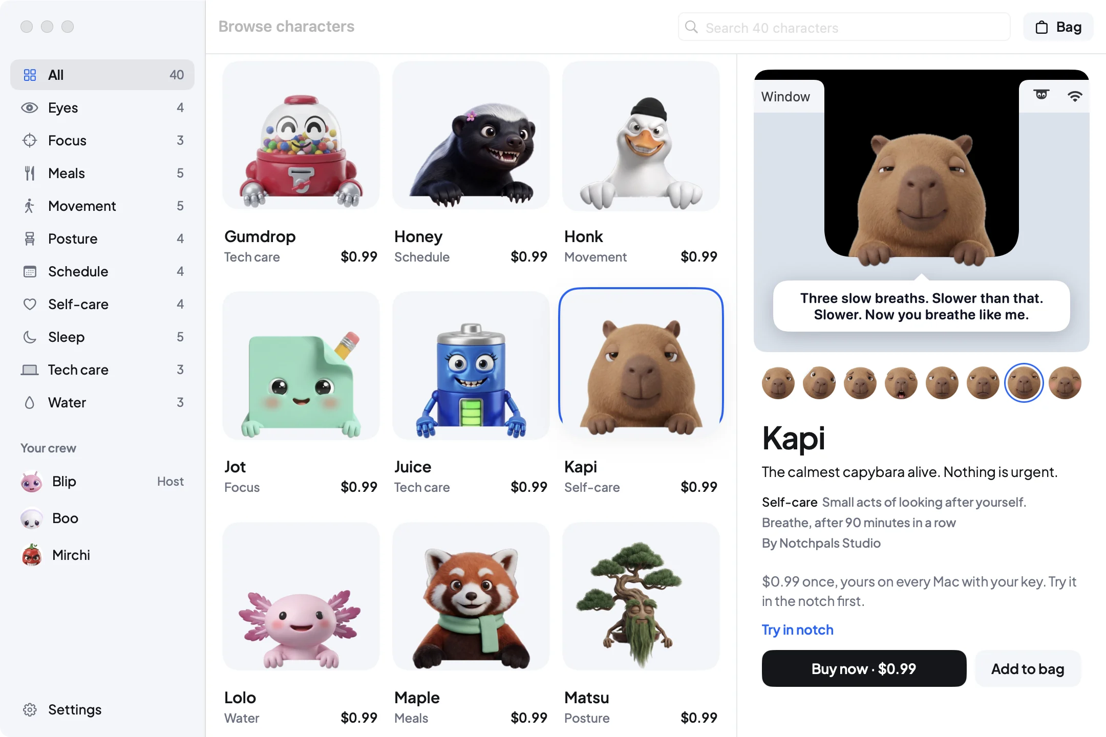 The Browse characters window in Notchpals: a grid of characters with their areas and prices, and Kapi the capybara selected, peeking out of a notch preview with a line in a bubble.